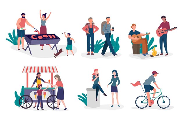Ilustración dibujada a mano de personas que realizan actividades al aire libre.