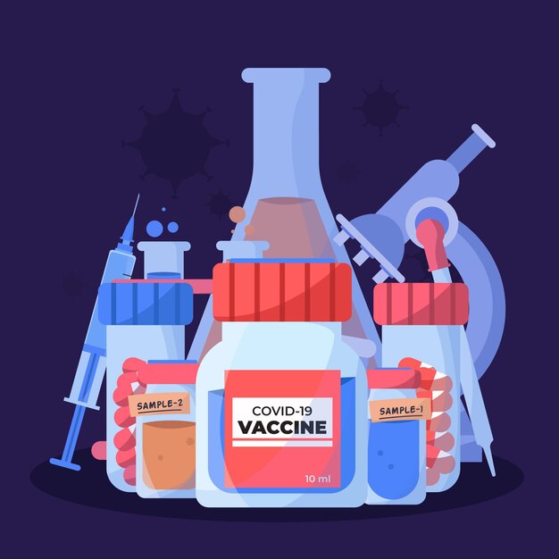 Ilustración dibujada a mano plana de la vacuna contra el coronavirus