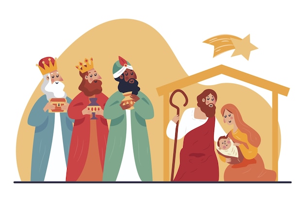 Ilustración dibujada a mano de reyes magos llegando al belén