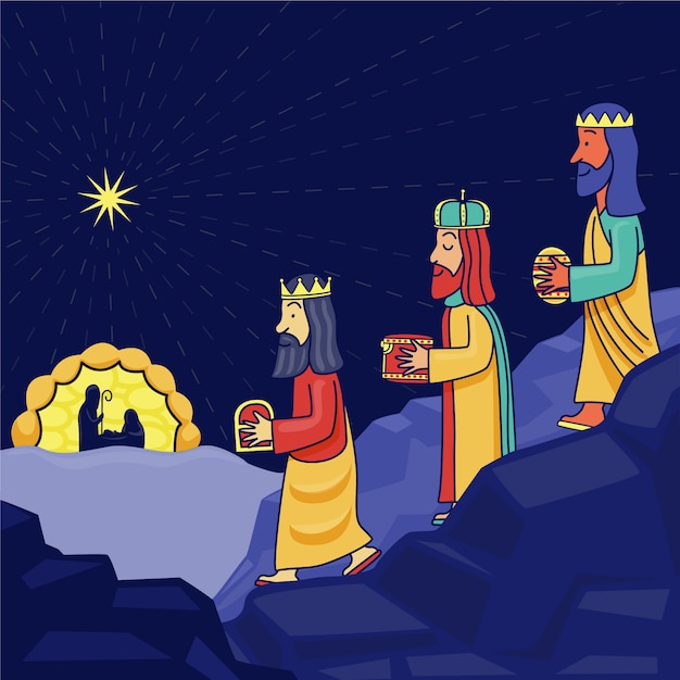 Vector gratuito ilustración dibujada a mano de reyes magos llegando al belén