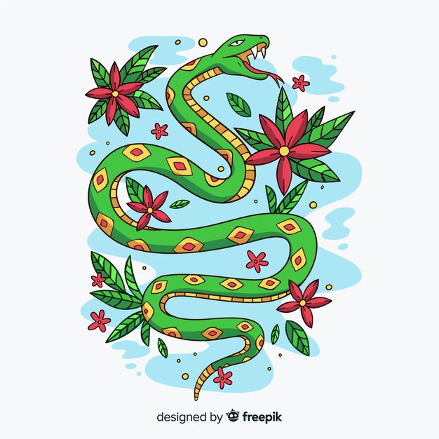 Ilustración dibujada a mano serpiente con flores