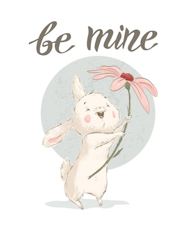 Ilustración de dibujado a mano con lindo personaje de conejito blanco con flor de crisantemo grande aislada. dibujo plano vectorial. para tarjetas de san valentín, pancartas, pegatinas, impresiones, sublimación, etc.
