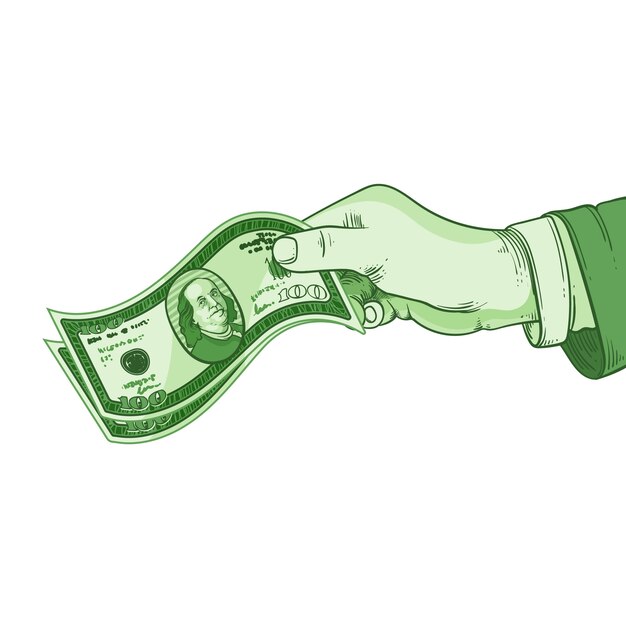 Ilustración de dibujo de mano con la mano sosteniendo el dinero