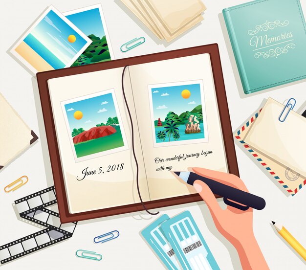Ilustración de dibujos animados del álbum de fotos con la mano humana que sostiene el lápiz para escribir la explicación debajo de la fotografía en la página del libro de recuerdos