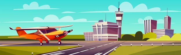 Ilustración de dibujos animados, aviones de luz amarilla en la pista. Despegue o aterrizaje de avión