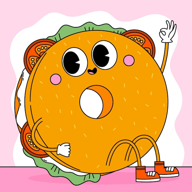 Ilustración de dibujos animados de bagel dibujado a mano