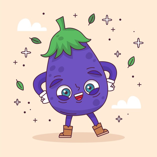 Ilustración de dibujos animados de berenjena dibujada a mano