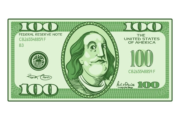 Ilustración de dibujos animados de billetes de 100 dólares dibujados a mano