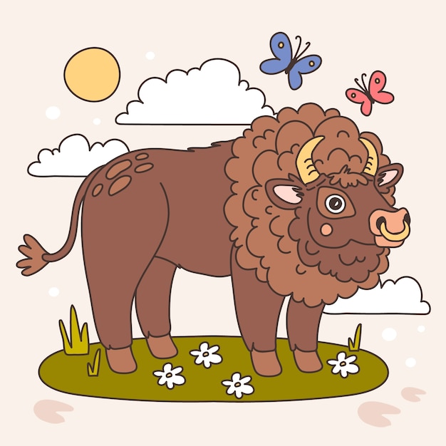 Ilustración de dibujos animados de bisonte dibujado a mano