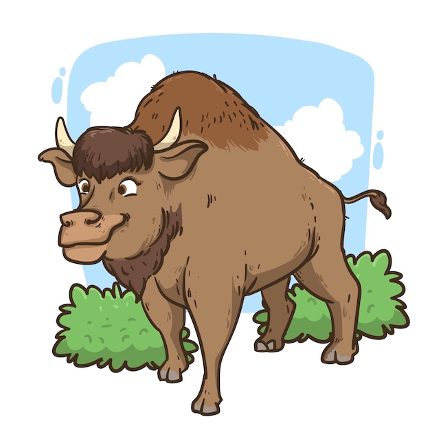 Ilustración de dibujos animados de bisonte dibujado a mano