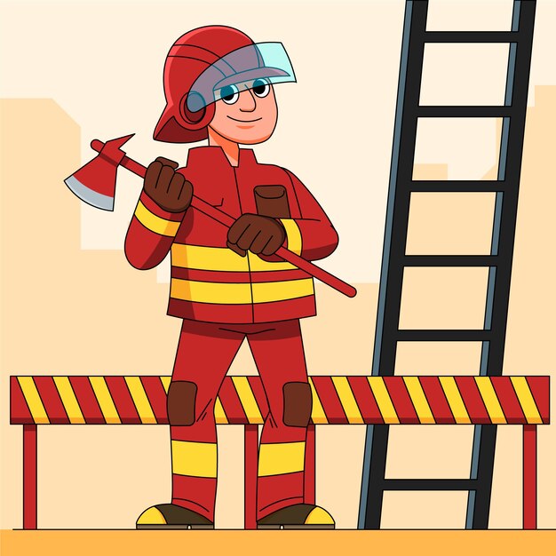 Ilustración de dibujos animados de bombero dibujado a mano