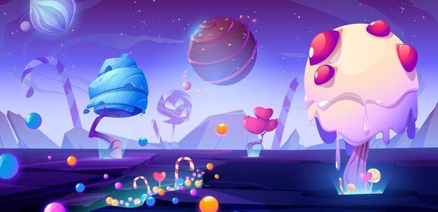Ilustración de dibujos animados de Candy Planet con árboles extraterrestres de fantasía y dulces mágicos paisajes inusuales