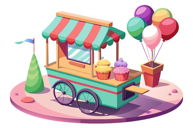 Una ilustración de dibujos animados de un carrito de comida con cupcakes y globos para una fiesta o evento especial