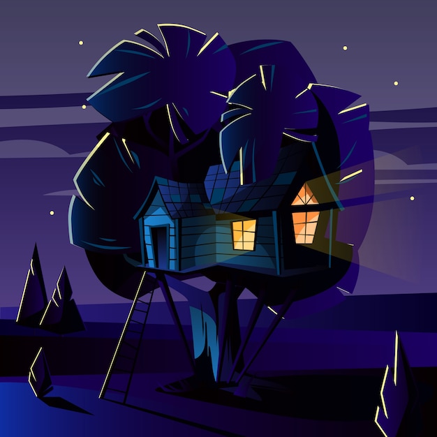 Vector gratuito ilustración de dibujos animados de la casa del árbol en la noche oscura, por la noche.