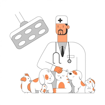 Ilustración de dibujos animados de clínica veterinaria de un médico con mascotas: cachorro, gato, perro, loro, conejo y hámster. ilustración del concepto aislado sobre fondo blanco.