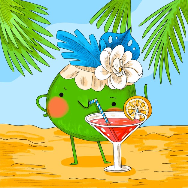 Ilustración de dibujos animados de coco dibujados a mano