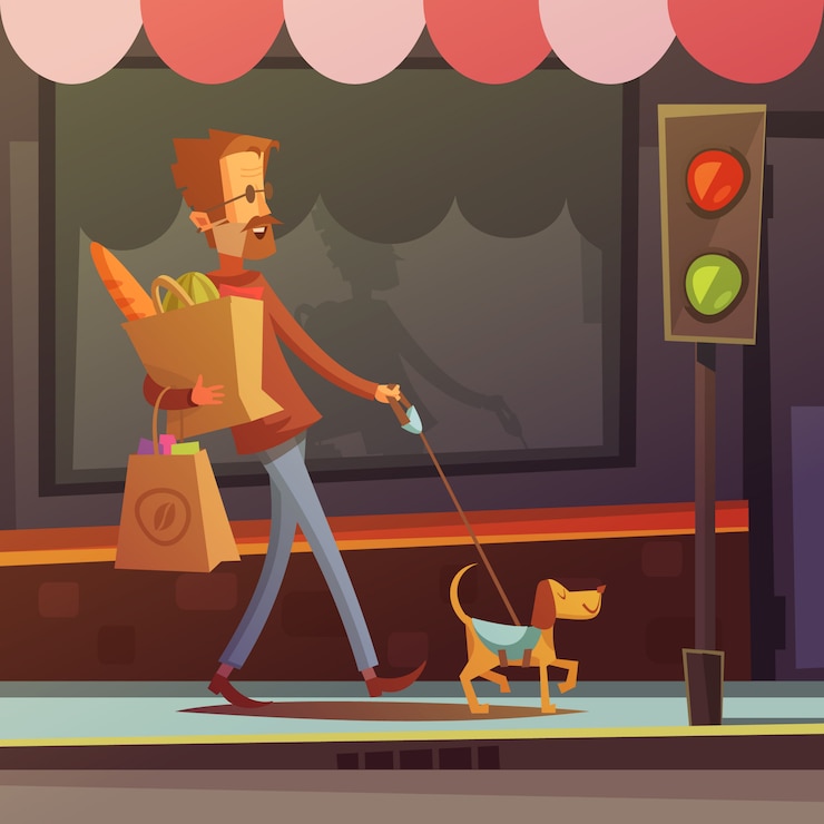Vector gratuito ilustración de dibujos animados en color que representa a un hombre ciego discapacitado con un perro en la ilustración vectorial carretera