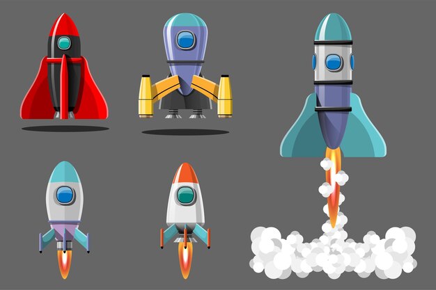 Ilustración de dibujos animados Conjunto aislado de lanzamiento de cohete. Cohetes de misión espacial con humo. ilustración en estilo plano