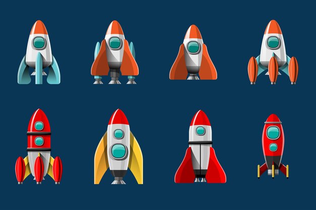 Ilustración de dibujos animados Conjunto aislado de lanzamiento de cohete. Cohetes de misión espacial con humo. ilustración en estilo plano