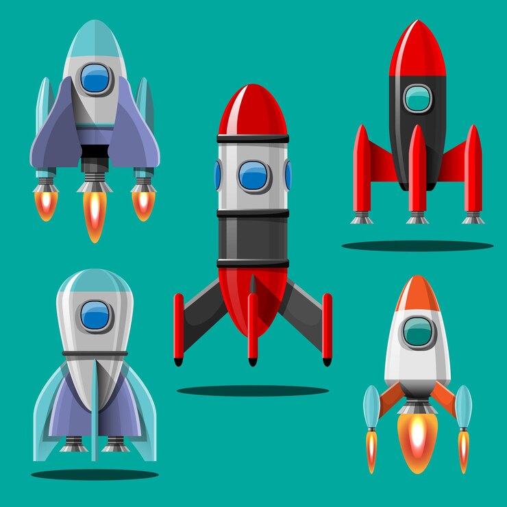 Vector gratuito ilustración de dibujos animados conjunto aislado de lanzamiento de cohete. cohetes de misión espacial con humo.