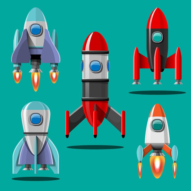 Ilustración de dibujos animados Conjunto aislado de lanzamiento de cohete. Cohetes de misión espacial con humo.