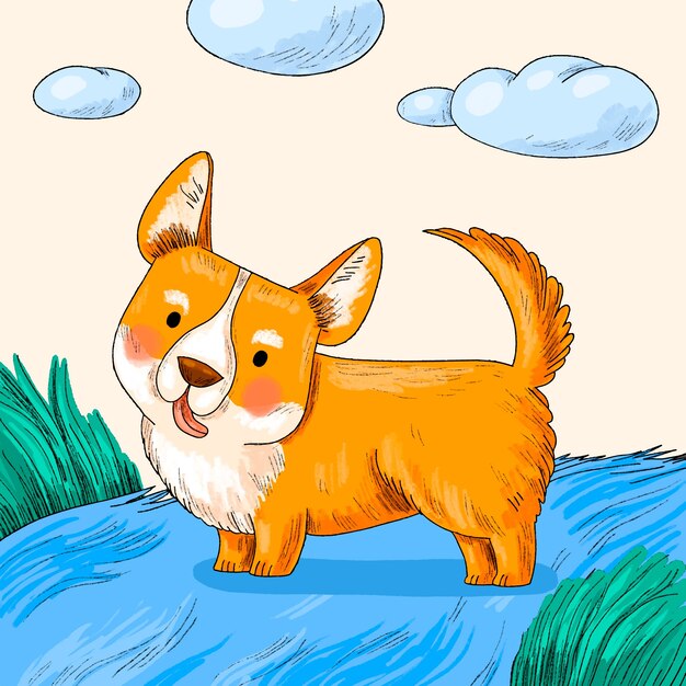 Ilustración de dibujos animados de corgi dibujado a mano