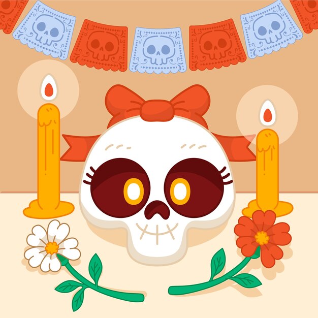 Ilustración de dibujos animados de cráneo dibujado a mano