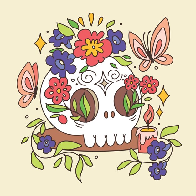 Ilustración de dibujos animados de cráneo dibujado a mano
