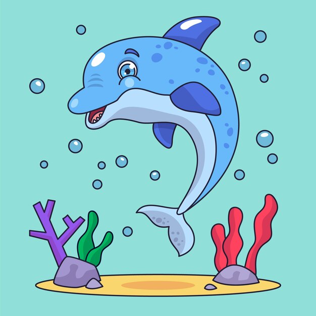 Ilustración de dibujos animados de delfines dibujados a mano