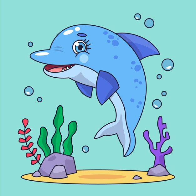 Ilustración de dibujos animados de delfines dibujados a mano