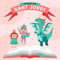 Vector gratuito ilustración de dibujos animados diada de sant jordi con caballero y princesa y dragón