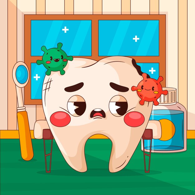 Ilustración de dibujos animados de dientes malos dibujados a mano