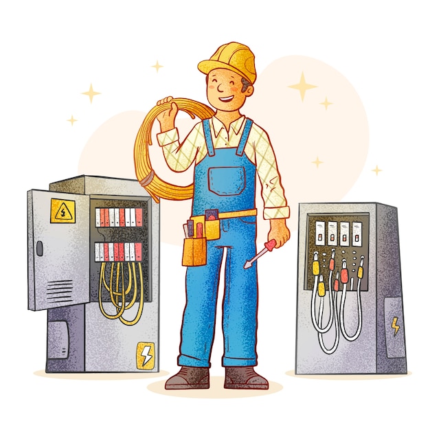 Ilustración de dibujos animados de electricistas dibujados a mano