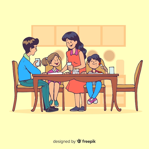 Ilustración dibujos animados familia sentada alrededor de la mesa