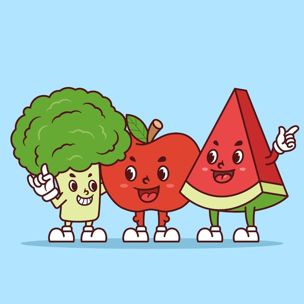 Ilustración de dibujos animados de frutas y verduras dibujados a mano