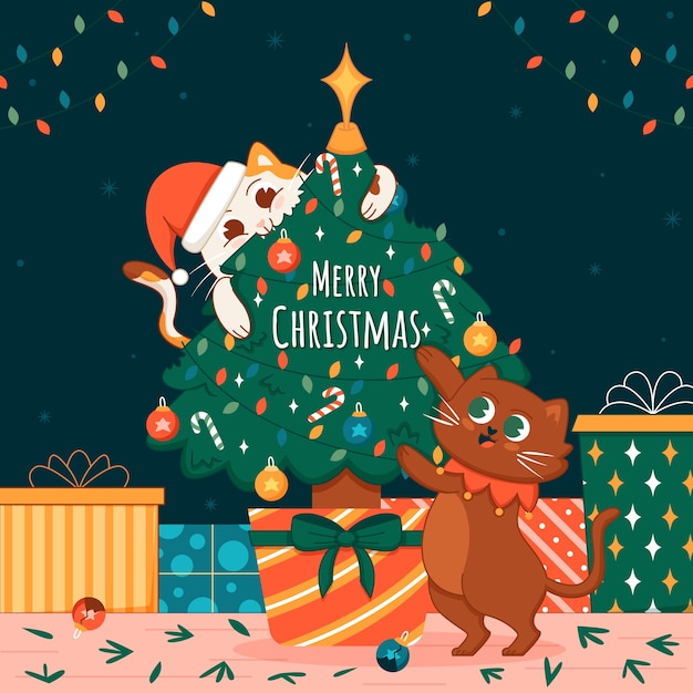 Ilustración de dibujos animados de gato de Navidad plana