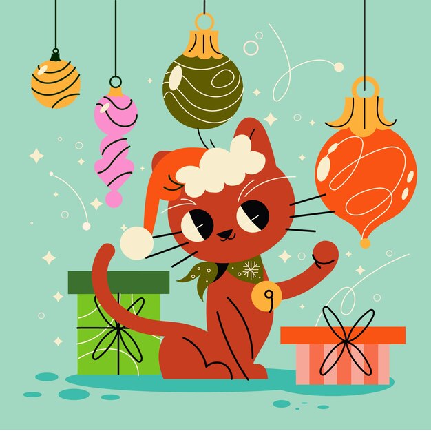 Ilustración de dibujos animados de gato de Navidad plana