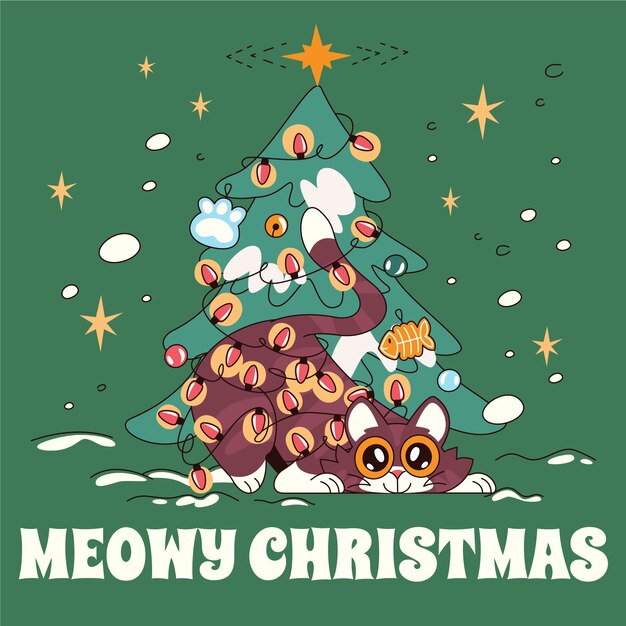 Ilustración de dibujos animados de gatos de Navidad dibujados a mano
