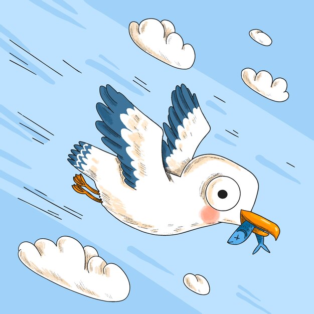 Ilustración de dibujos animados de gaviota dibujada a mano