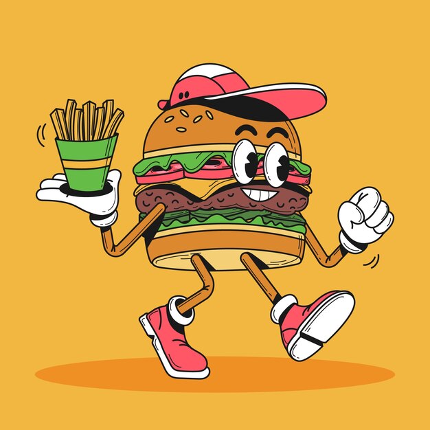 Ilustración de dibujos animados de hamburguesa dibujada a mano