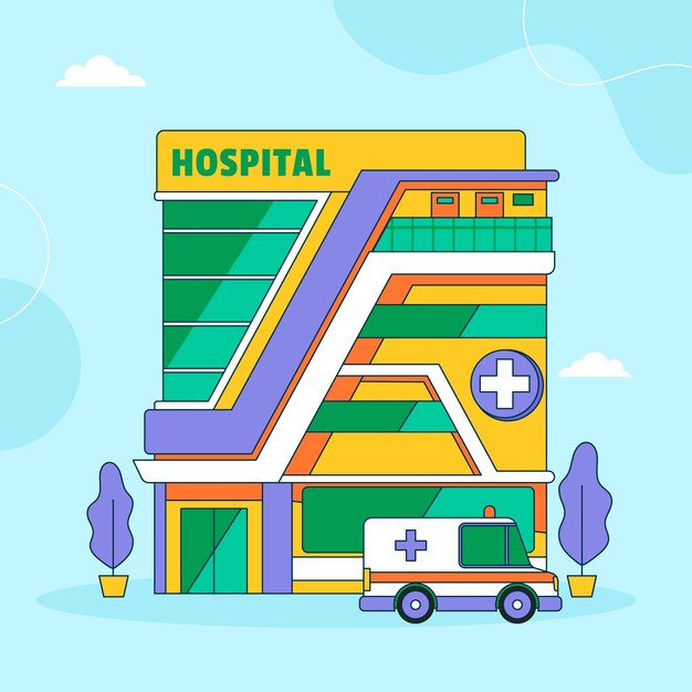 Ilustración de dibujos animados de hospital dibujado a mano