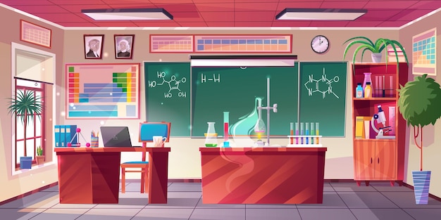 Ilustración de dibujos animados interior de aula de química