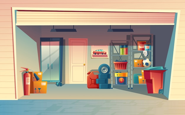 Ilustración de dibujos animados de interior de garaje, sala de almacenamiento con equipos de auto, neumáticos, Jerrican