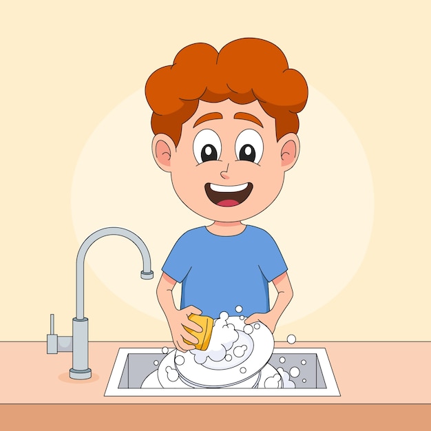 Ilustración de dibujos animados de lavado de platos dibujados a mano