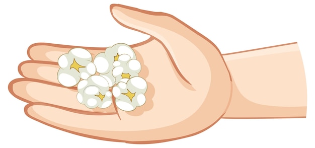 Ilustración de dibujos animados de una mano humana aislada sosteniendo palomitas de maíz