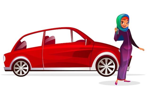 Ilustración de dibujos animados de mujer y coche árabe. chica rica moderna en arabia saudí hijab