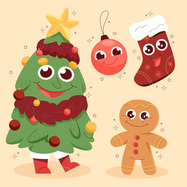 Ilustración de dibujos animados de Navidad plana con árbol y hombre de jengibre
