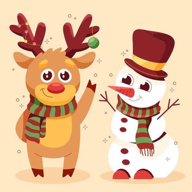 Ilustración de dibujos animados de Navidad plana con renos y muñeco de nieve