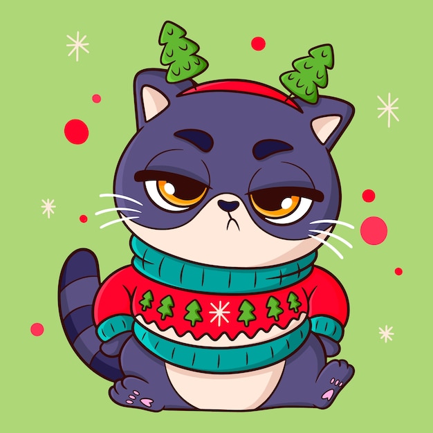 Ilustración de dibujos animados navideños dibujados a mano con un gato que no parece impresionado