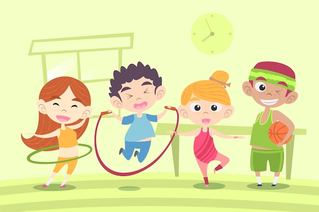 Ilustración de dibujos animados de niños en clase de educación física | Vector Gratis Ilustración de dibujos animados de niños en clase de educación física | Vector Gratis